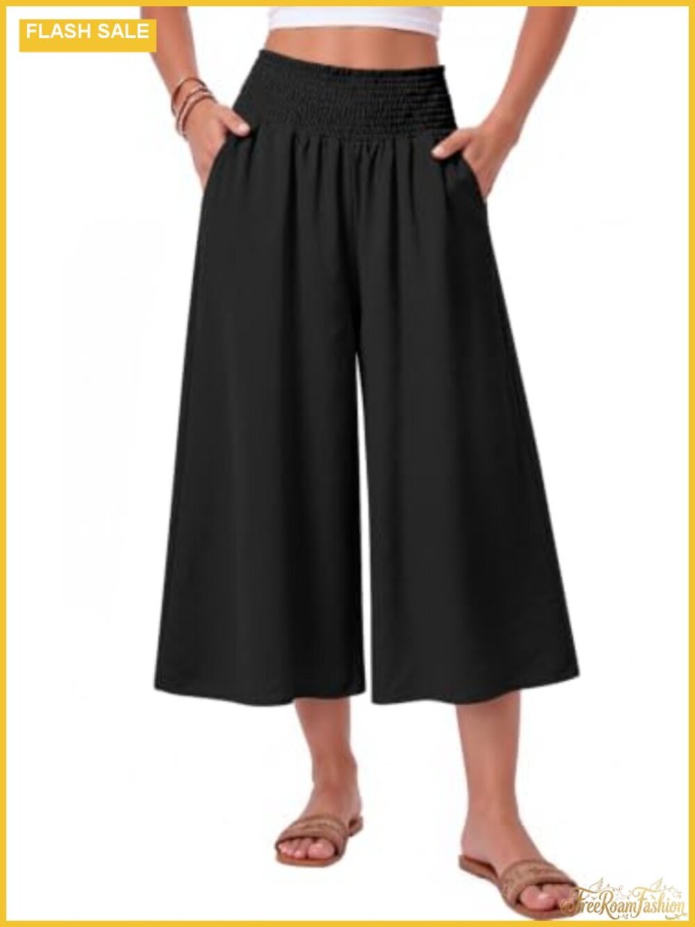 Wide Leg Capri Gaucho Pants with Pockets 100% Polyester